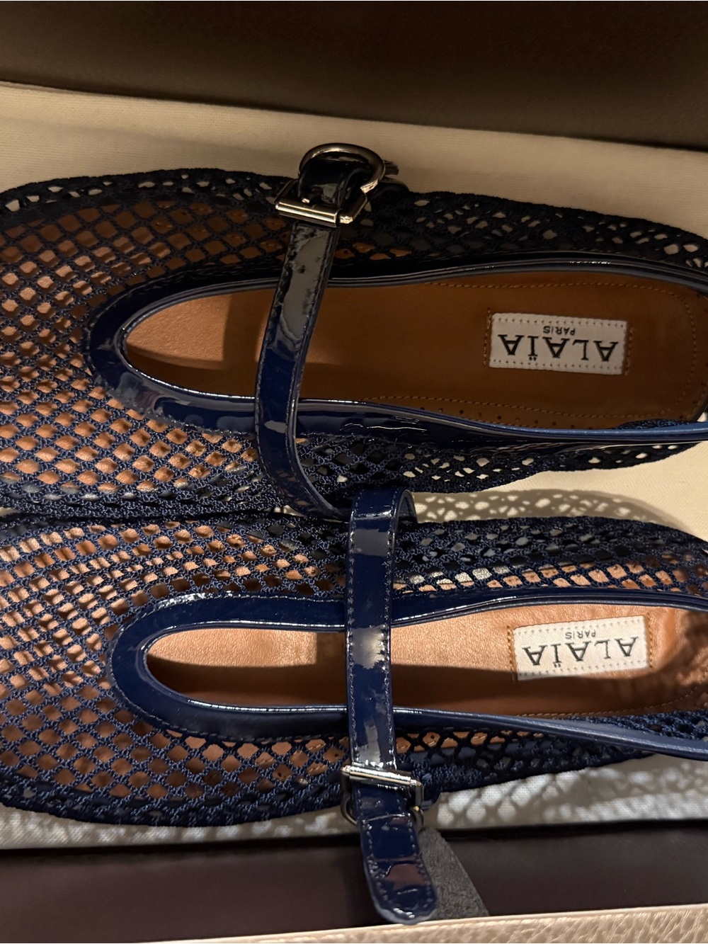 Alaïa Navy Patent-Trim Mesh Mary Jane Flats